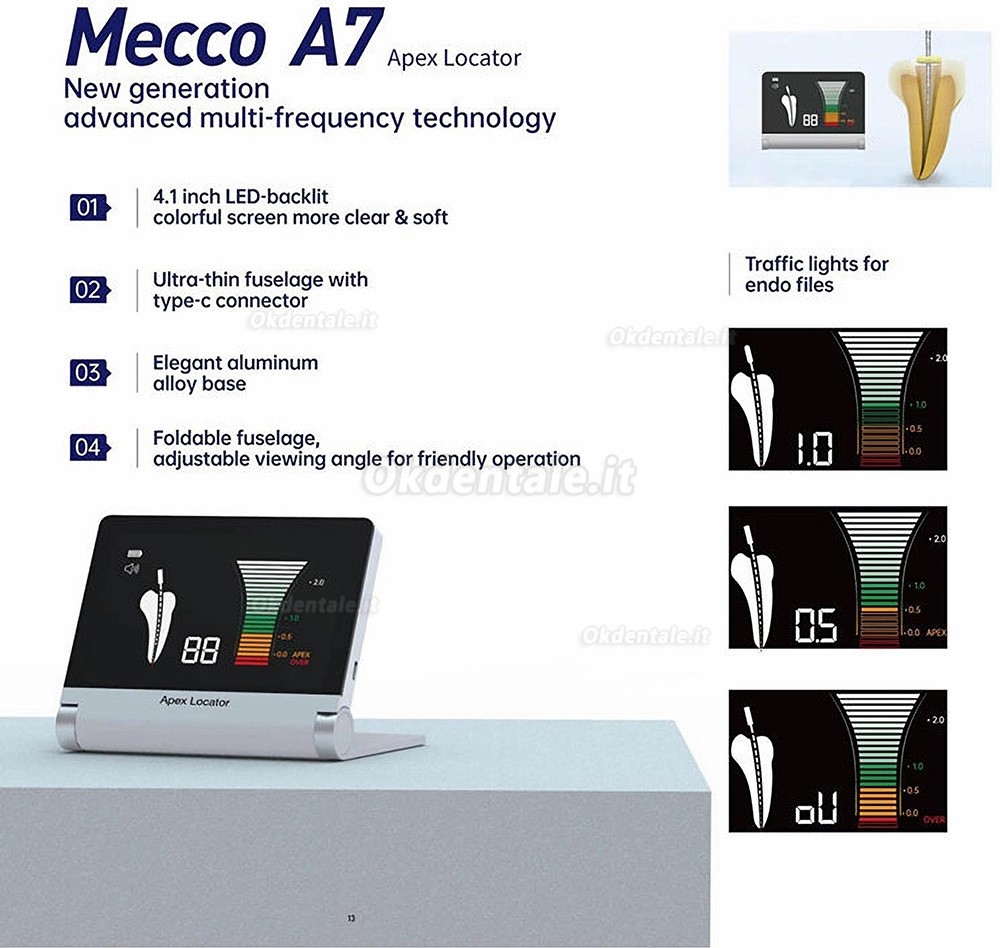 Localizzatore apicale dentale pieghevole Mecoo A7 con display retroilluminato a LED da 4,1 pollici. Localizzatore apicale dentale pieghevole Mecoo A7 con display retroilluminato a LED da 4,1 pollici.